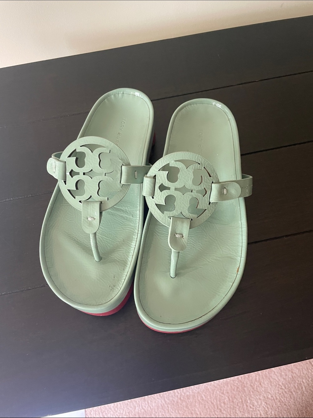 Tory Burch Mint Green Logo Thong Sandals